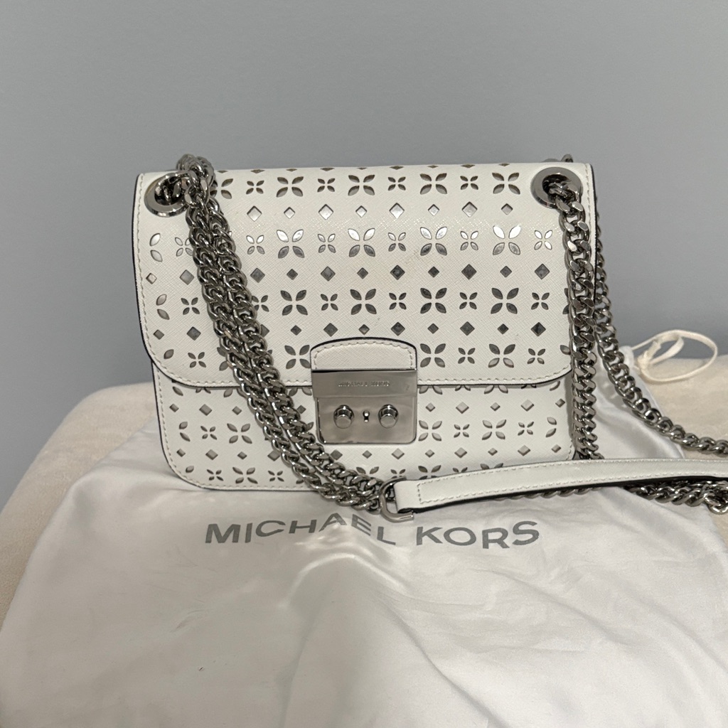 Michael Kors White Crossbody Bag With Silver Accents